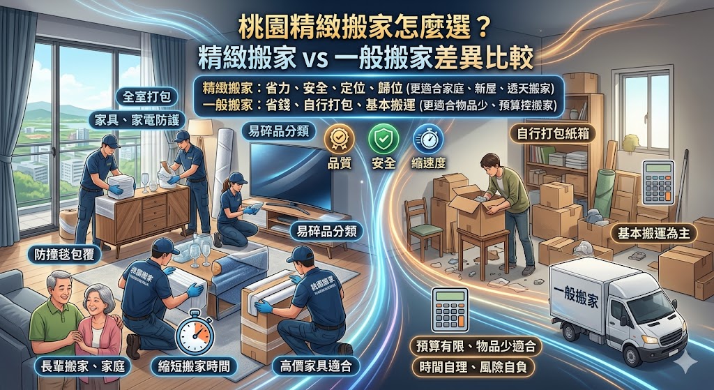 想找桃園精緻搬家，卻不確定該選一般搬家還是精緻搬家？本文整理桃園精緻搬家的服務差異、費用影響因素、適合族群與避雷重點，幫助家庭搬家、透天搬家、新屋入住或高價家具較多的住戶，快速判斷適合方案，從打包、防護、搬運到定位整理，都能更清楚規劃搬家流程，降低碰撞風險並提升搬遷效率。