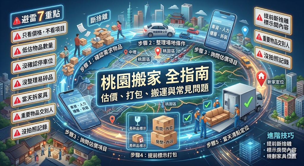 桃園搬家前最重要的是先確認物品數量、樓層條件、電梯使用、停車位置與是否需要打包拆裝，才能讓搬家公司提供更準確的估價。本文整理桃園搬家的流程、費用影響因素、搬家公司選擇方式與搬家前後注意事項，幫助第一次搬家、家庭搬遷、套房搬家或辦公室搬遷的人快速掌握重點，降低臨時加價、物品損傷與搬遷延誤的風險。
