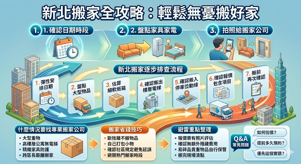 準備新北搬家前,先確認搬家日期、物品數量、樓層電梯、停車動線與報價內容,能有效降低臨時加價、漏搬、家具損傷與時間延誤風險。本文整理新北搬家常見問題、原因分類、排查流程、專業搬家公司判斷方式與搬家注意事項,幫助一般家庭、租屋族與店家快速掌握搬家前該做的準備,讓新北搬家安排更順利、更安心。